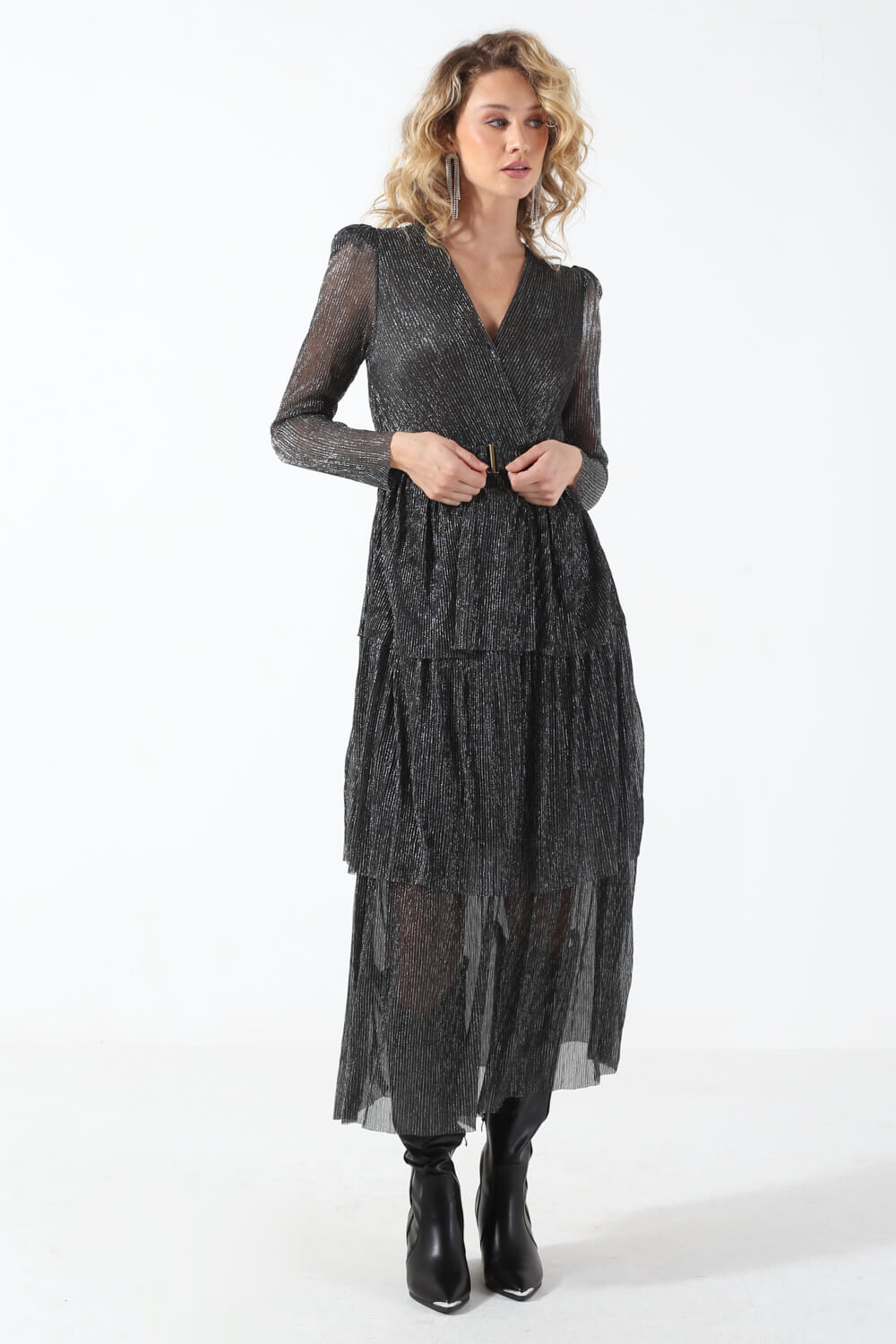 Alana Ruffled Metallic Long Dress in Black and Silver