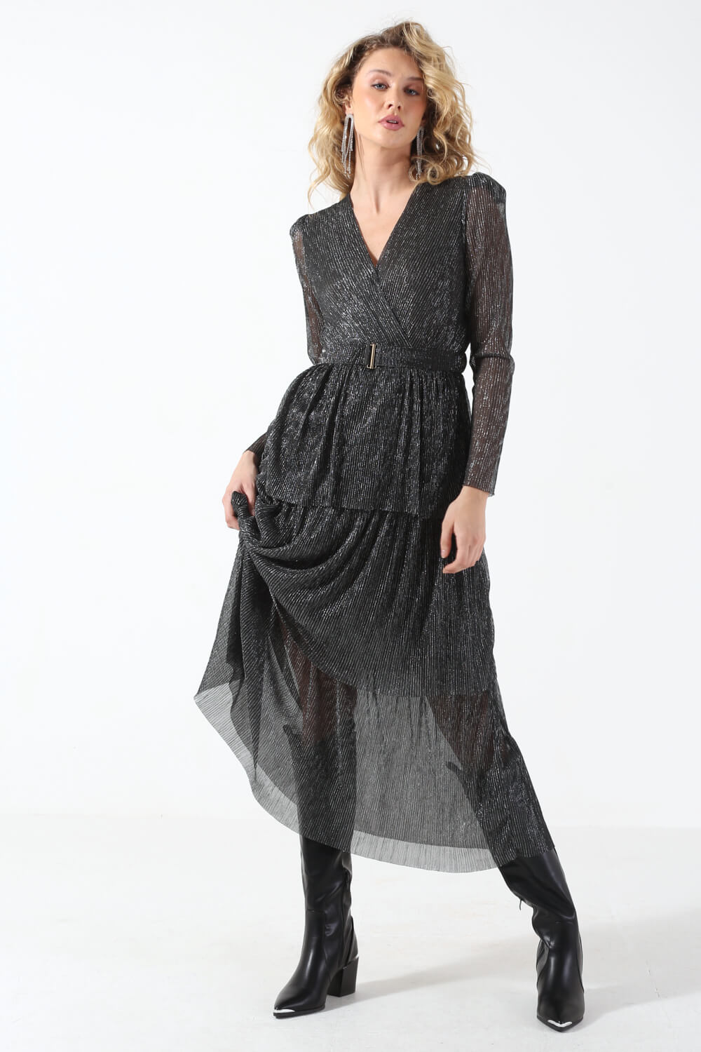 Alana Ruffled Metallic Long Dress in Black and Silver