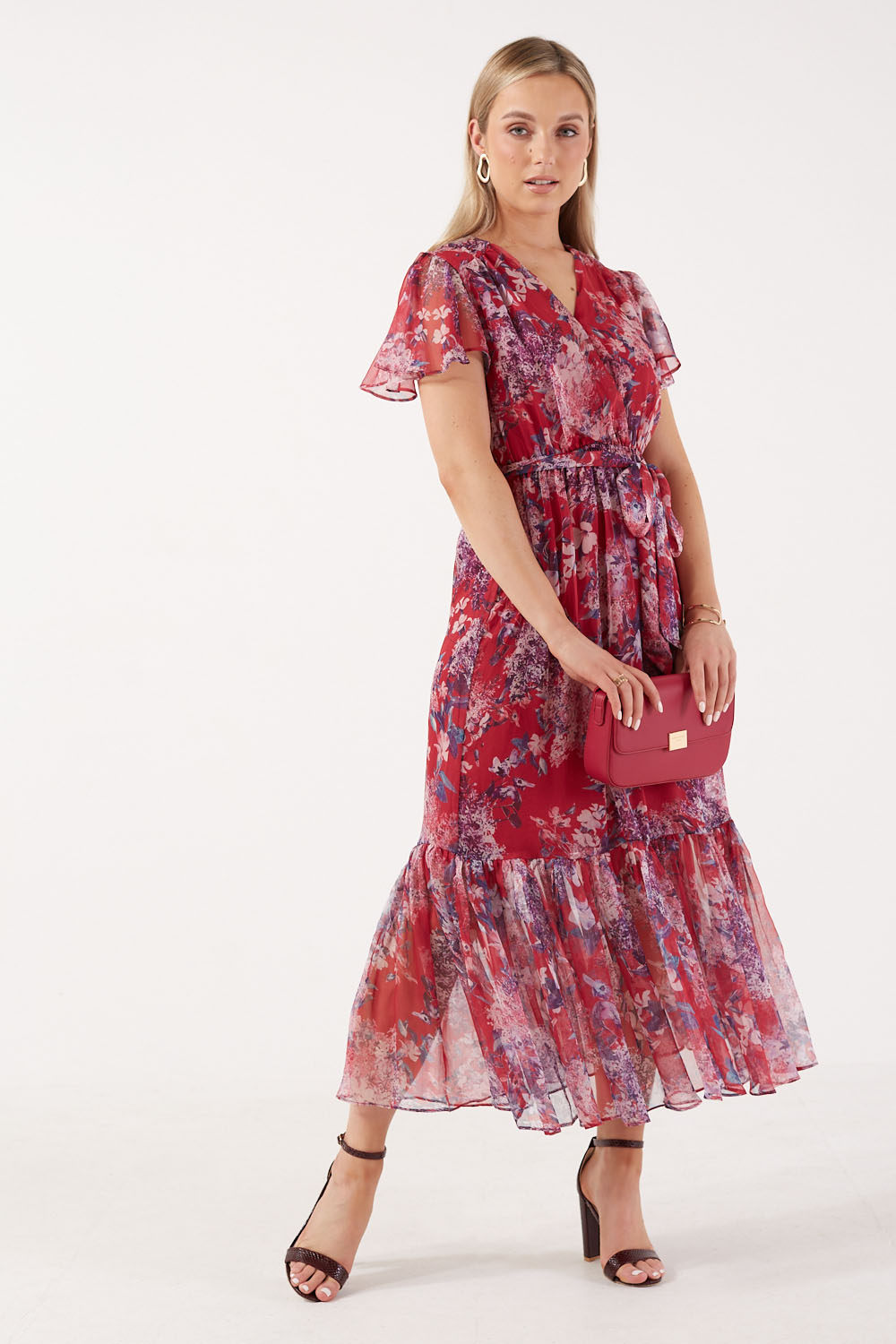 Mirella Floral Printed Belted Midi Dress in Red