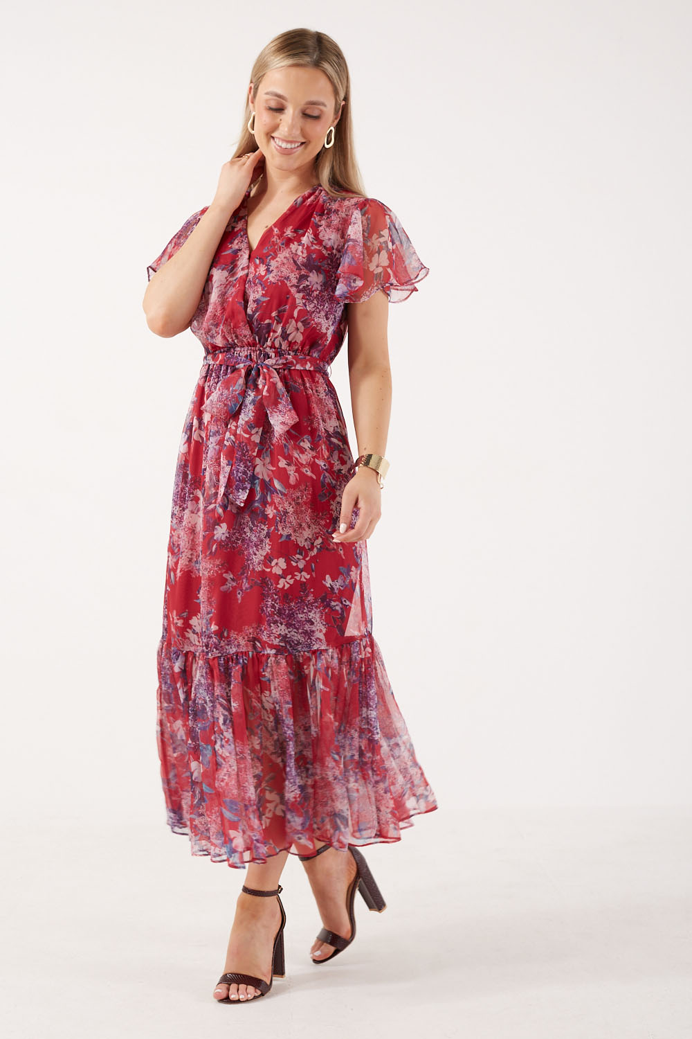 Mirella Floral Printed Belted Midi Dress in Red