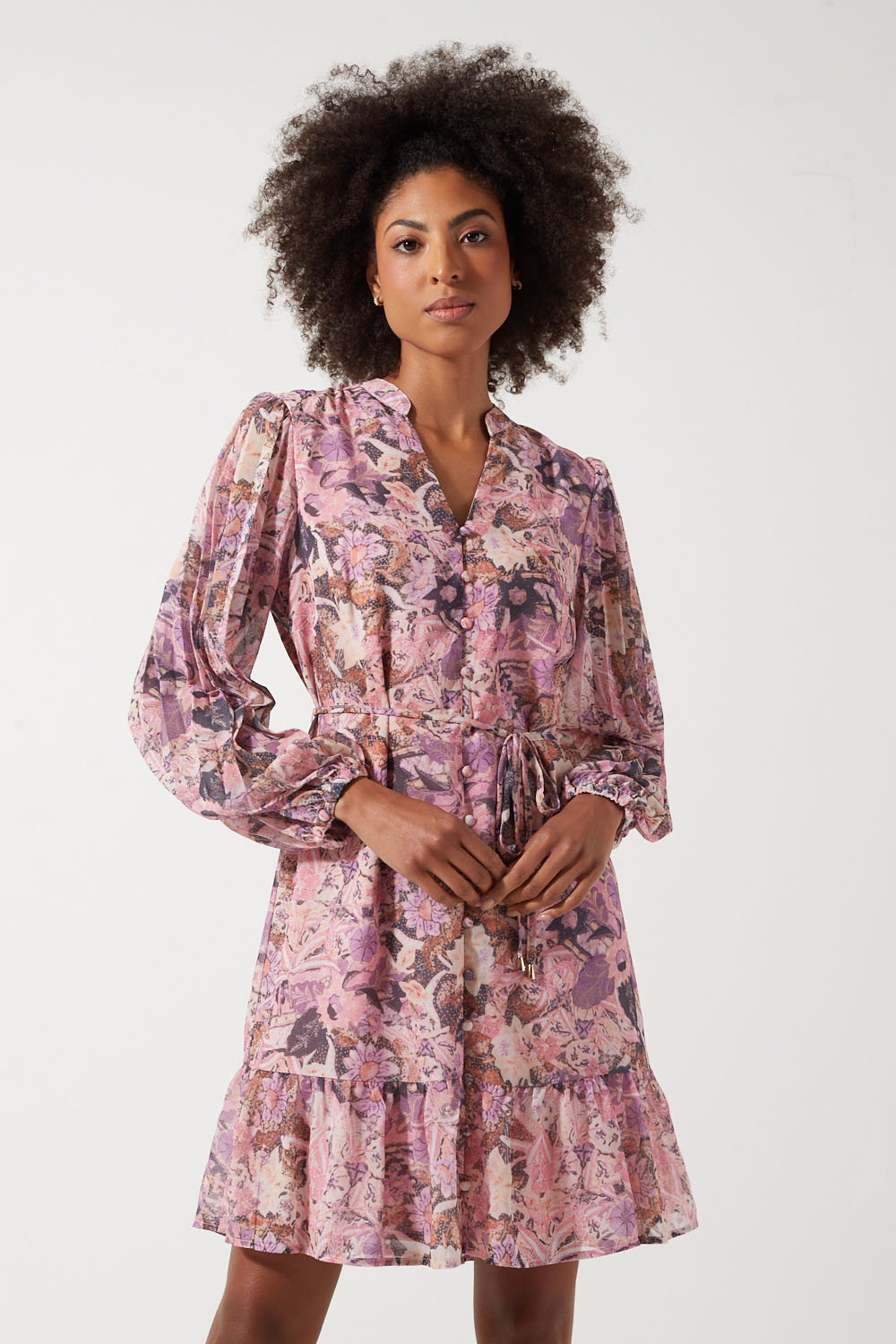 Bethany Floral LS Short Dress in Pink
