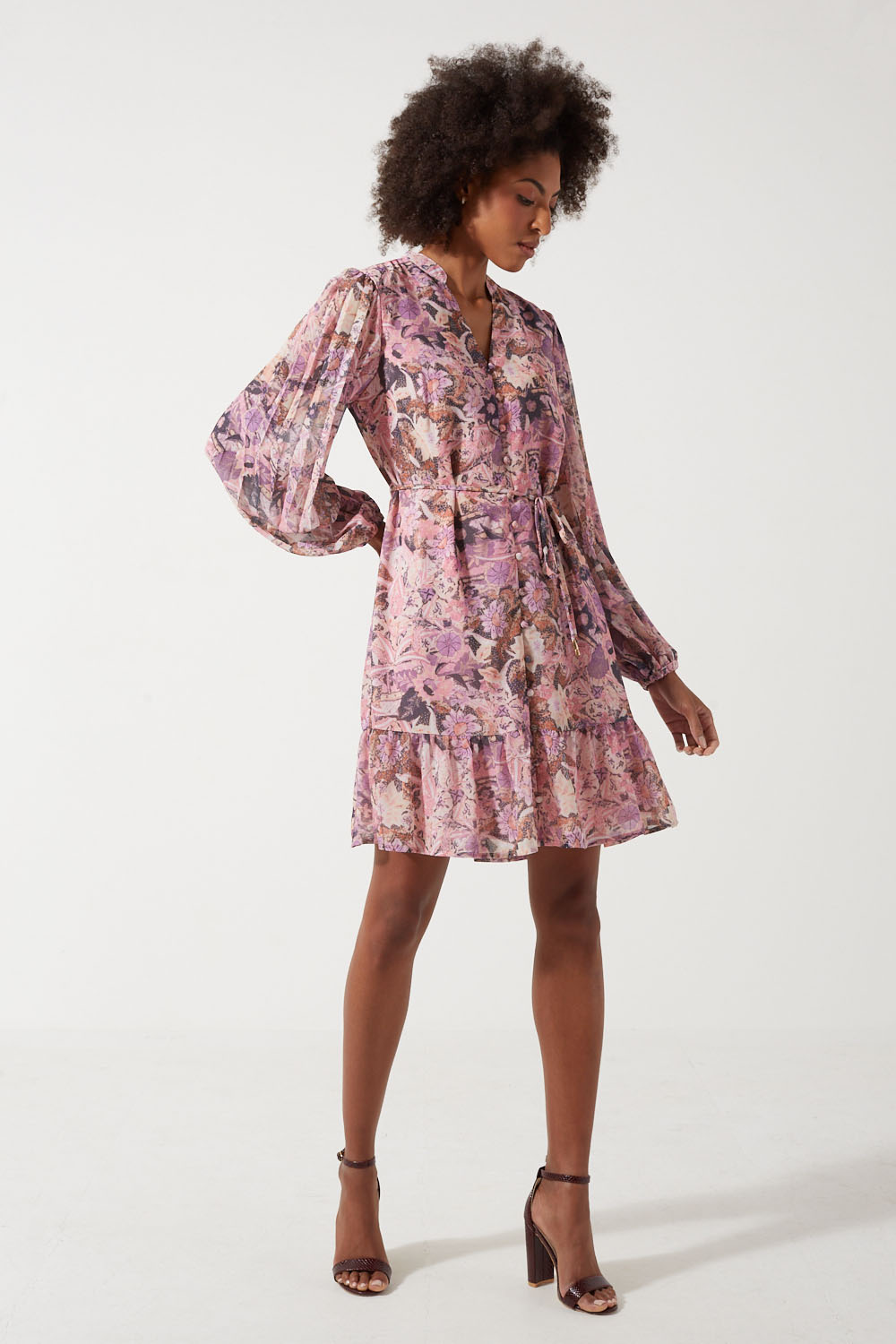 Bethany Floral LS Short Dress in Pink