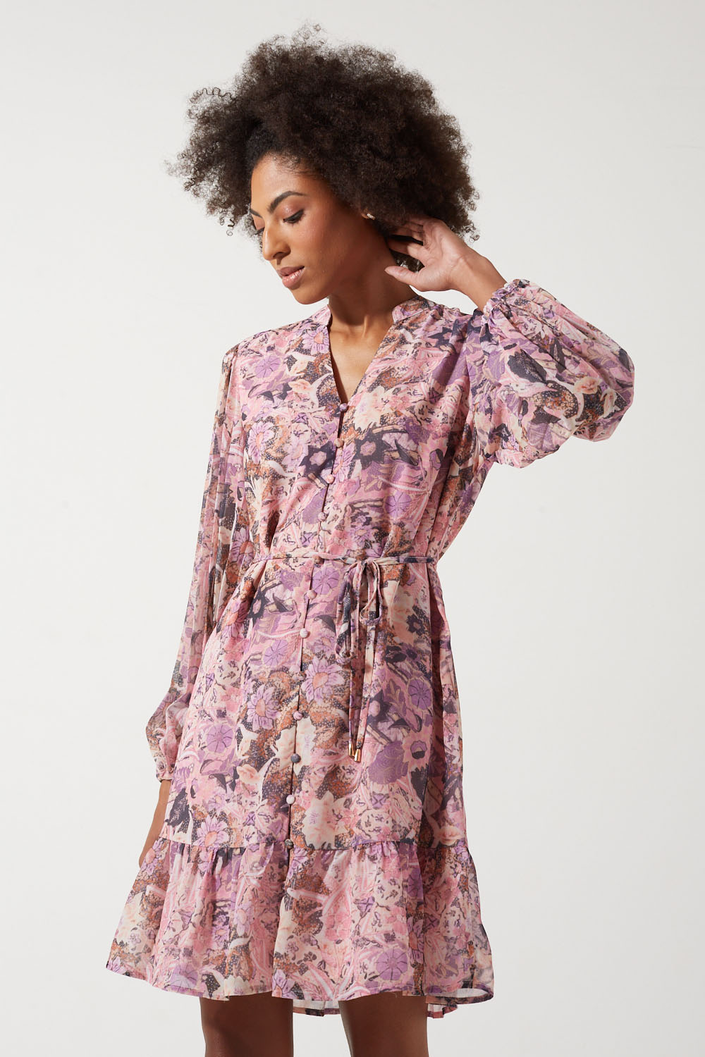 Bethany Floral LS Short Dress in Pink