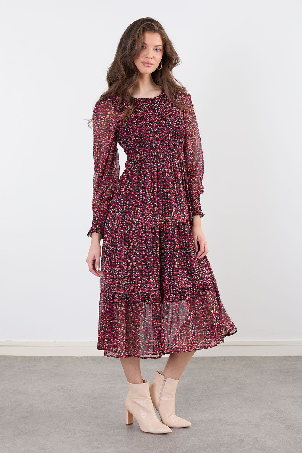Madeleine Ditsy Floral Tier Puff Sleeve Midi Dress