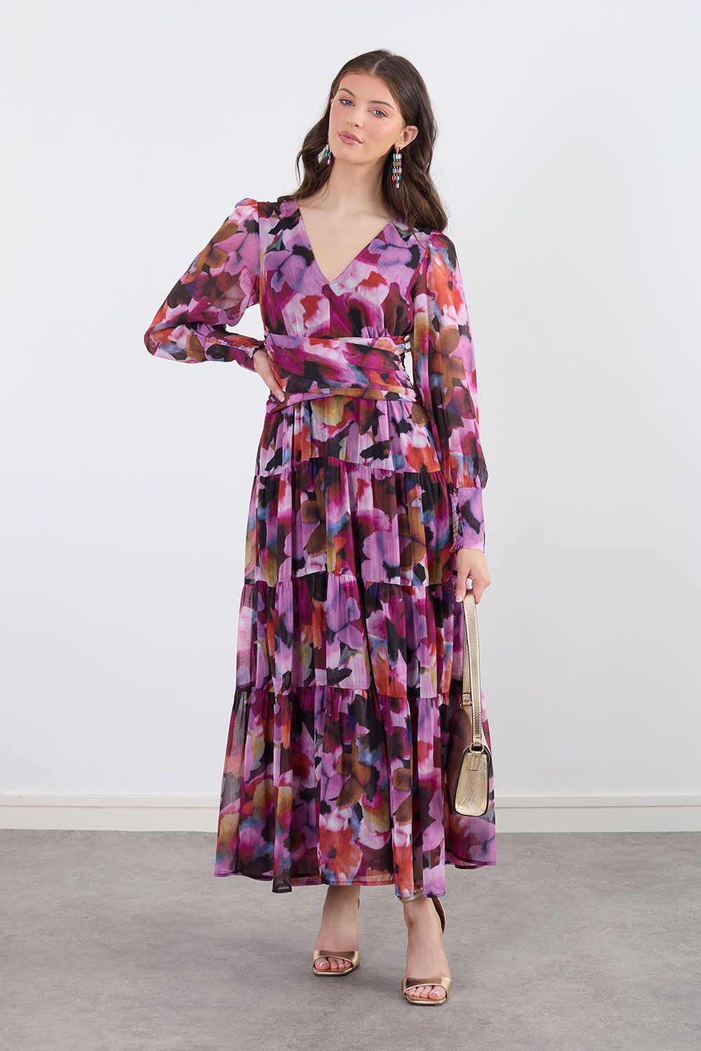 KARLEE FLORAL LONG SLEEVE RUCHED MAXI DRESS IN PINK