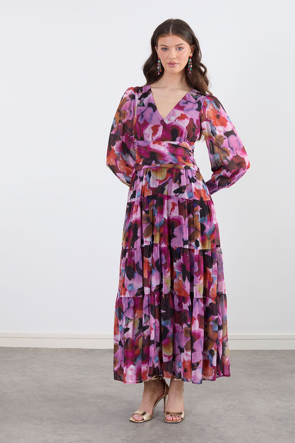 KARLEE FLORAL LONG SLEEVE RUCHED MAXI DRESS IN PINK