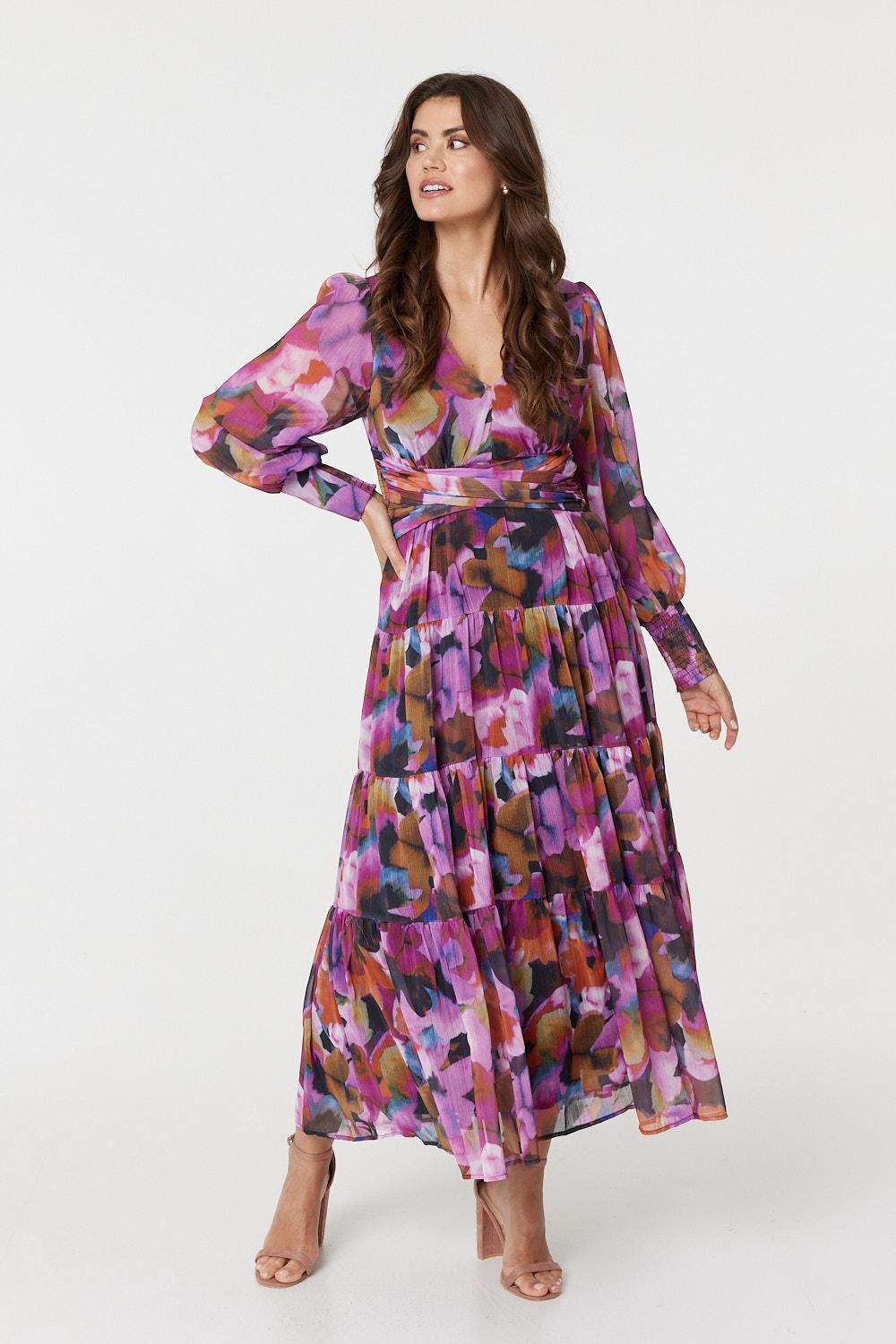 KARLEE FLORAL LONG SLEEVE RUCHED MAXI DRESS IN PINK