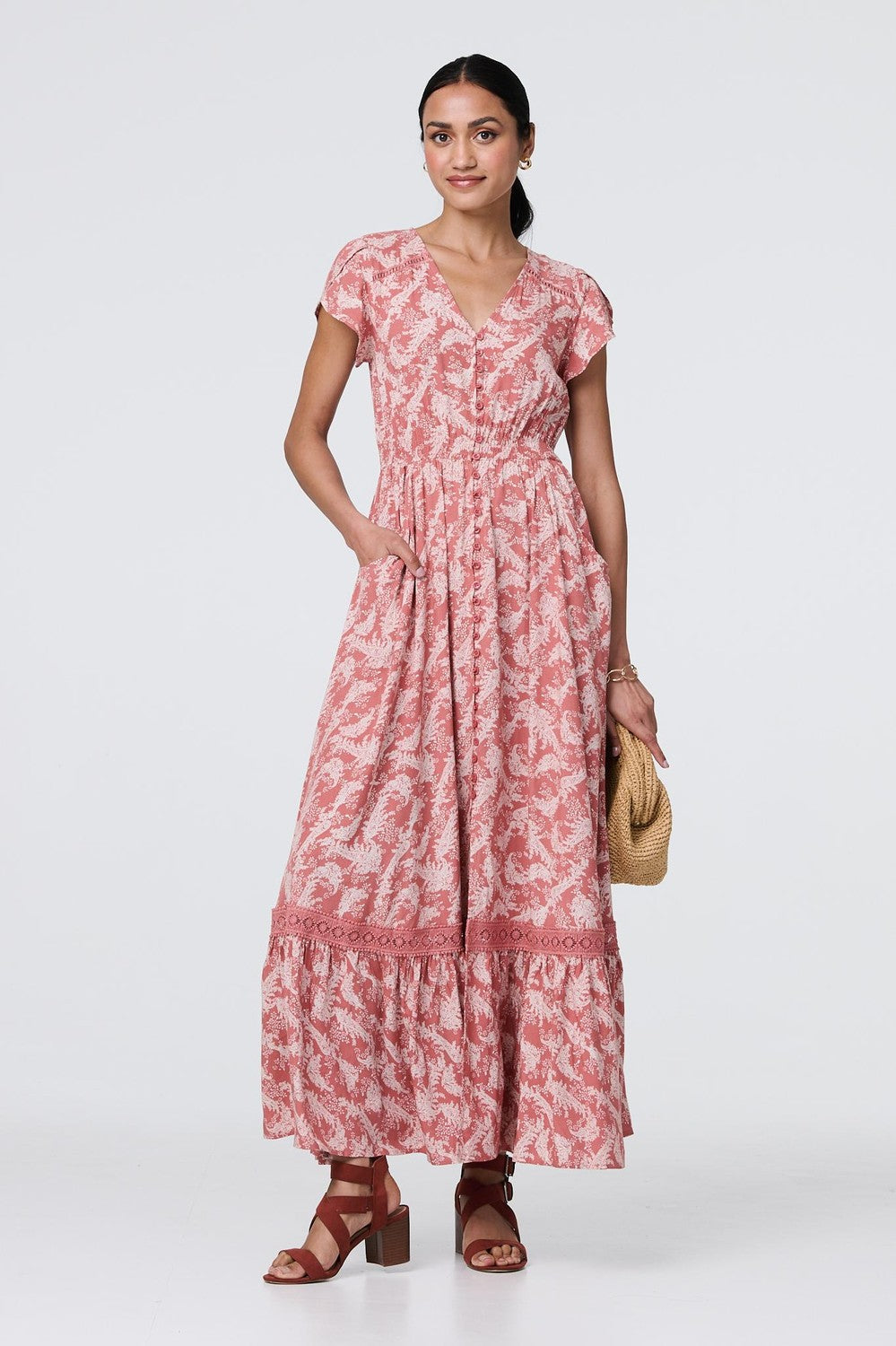 Paisley Print A-Line Tiered Maxi Dress in Pink