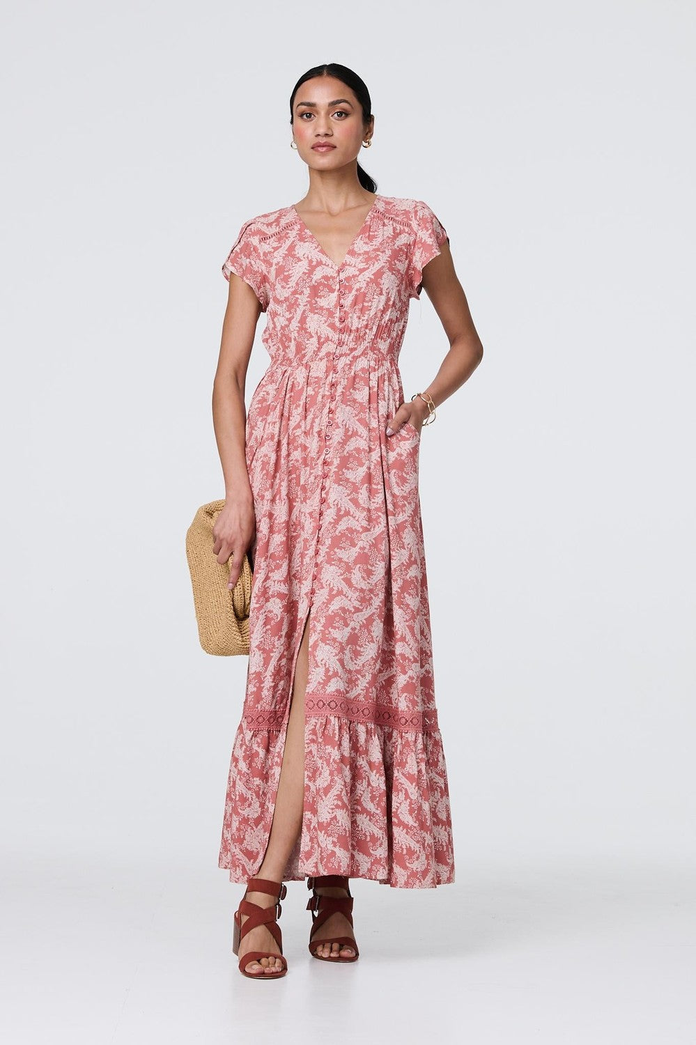 Paisley Print A-Line Tiered Maxi Dress in Pink