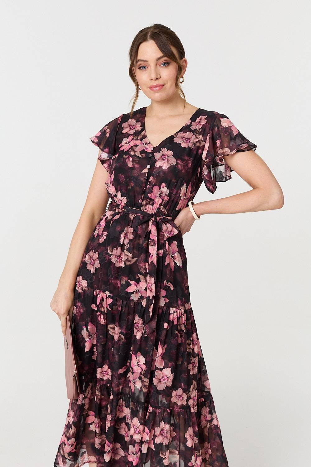 Floral Angel Sleeve Tie Waist Maxi Dress in Black