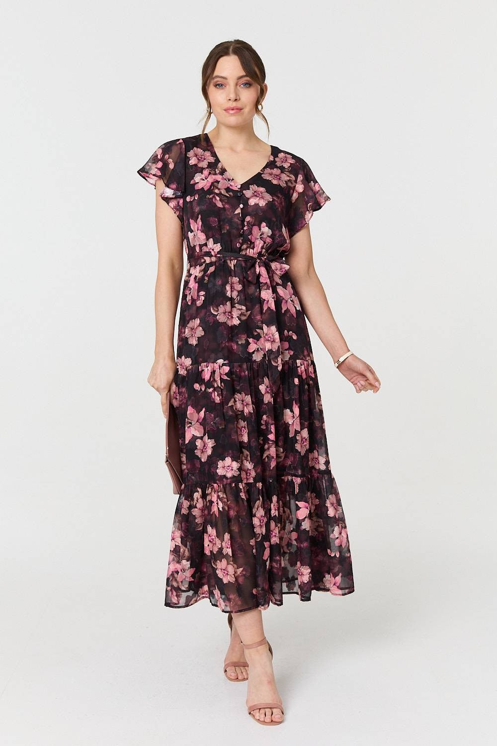 Floral Angel Sleeve Tie Waist Maxi Dress in Black