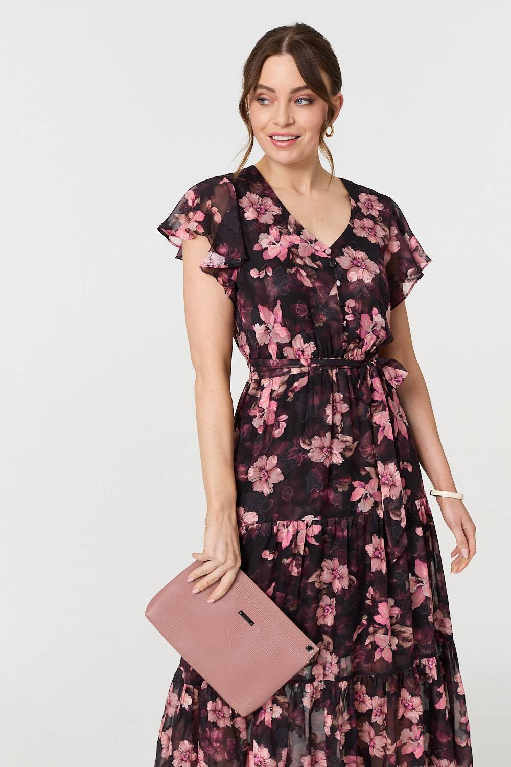 Floral Angel Sleeve Tie Waist Maxi Dress in Black