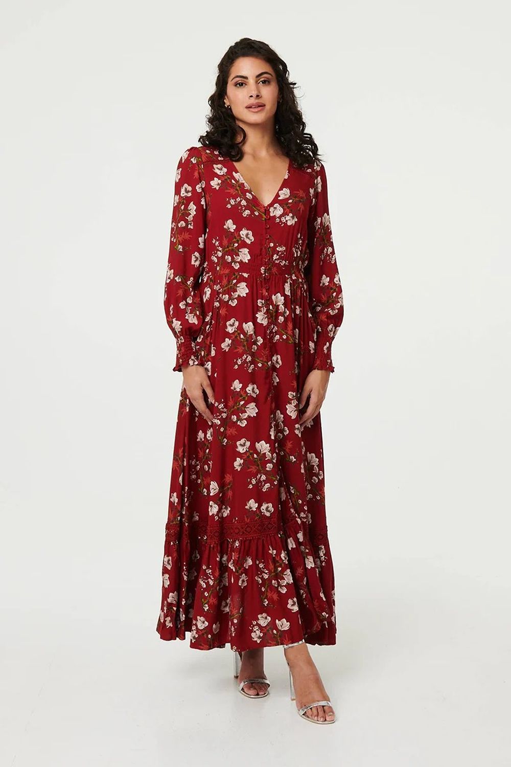 Diana Long Sleeve Lace Trim Maxi Dress in Red