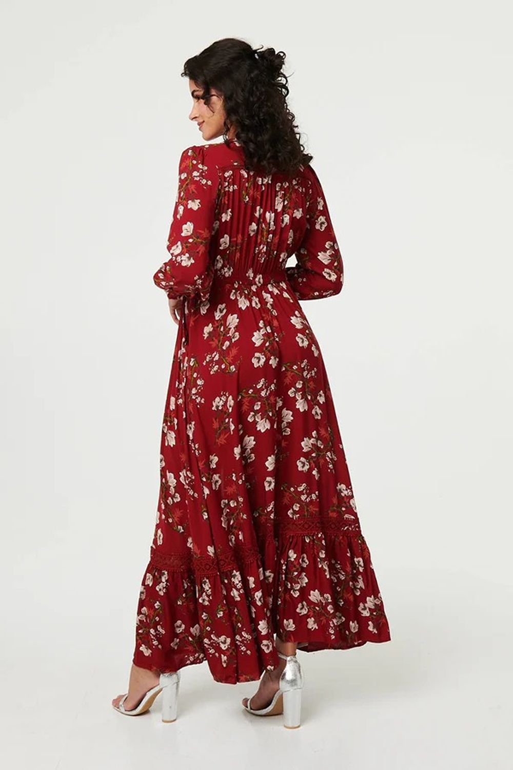 Diana Long Sleeve Lace Trim Maxi Dress in Red
