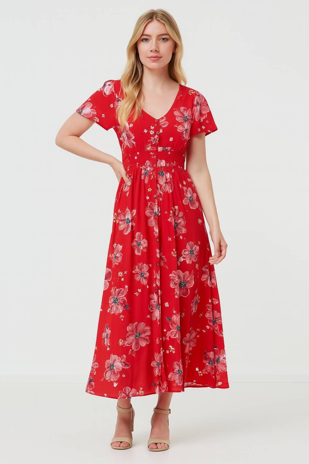 Mila Floral Print Maxi Dress in Red