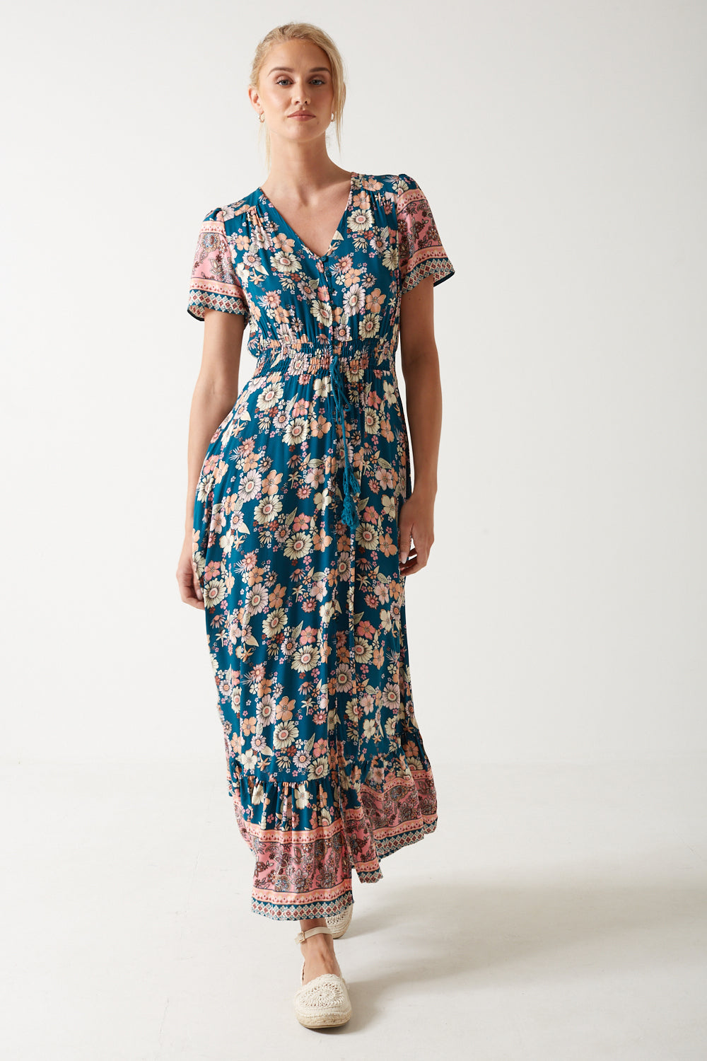 Norah Multi Floral Print Maxi Dress in Teal