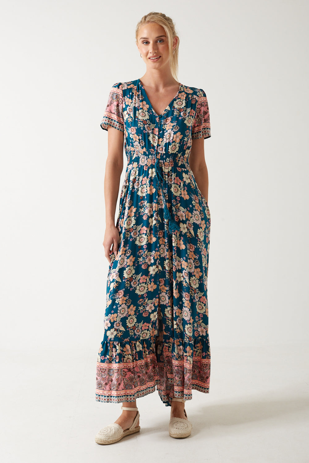Norah Multi Floral Print Maxi Dress in Teal