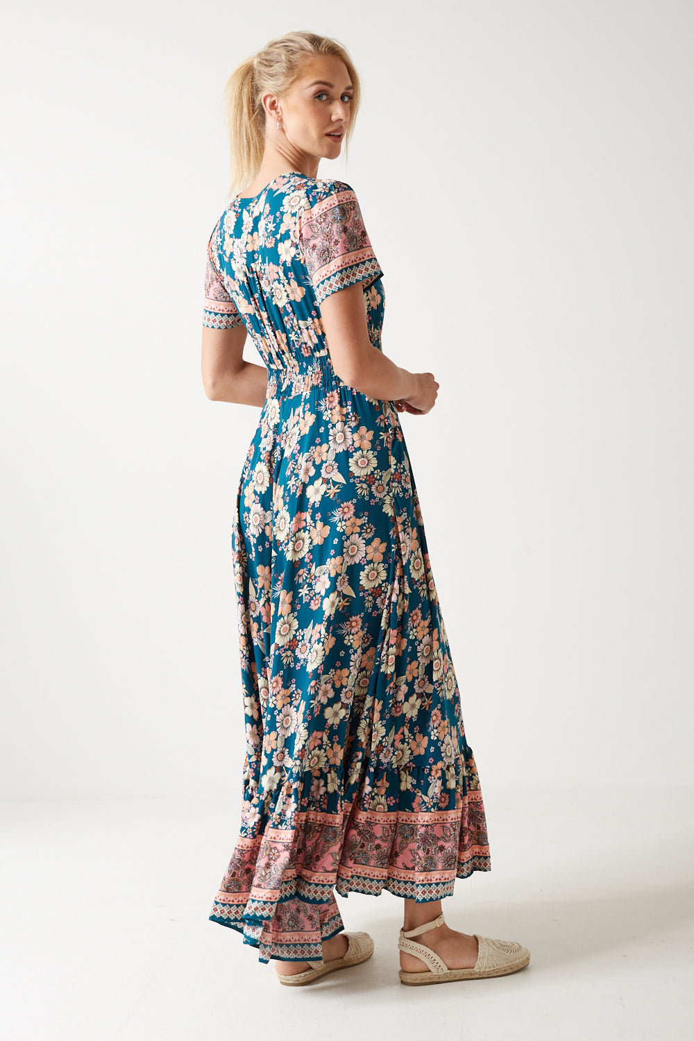 Norah Multi Floral Print Maxi Dress in Teal