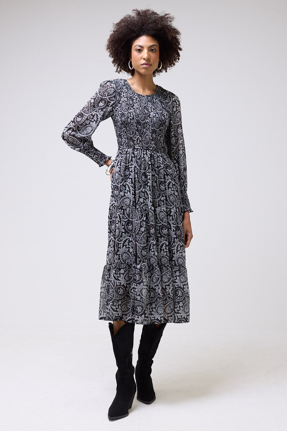 Betty Paisley Printed Shirred Midi Smock Dress in Black and White