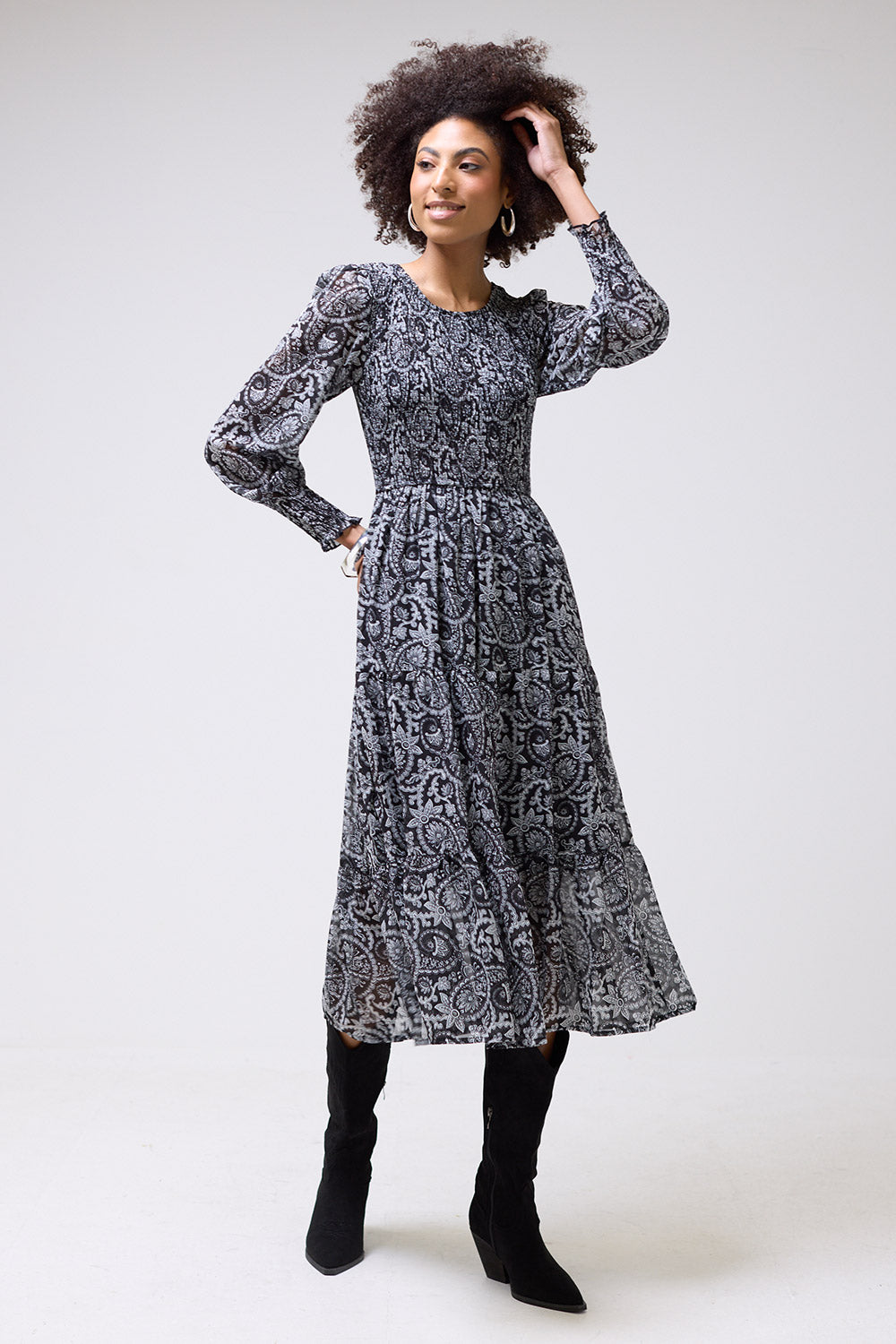 Betty Paisley Printed Shirred Midi Smock Dress in Black and White