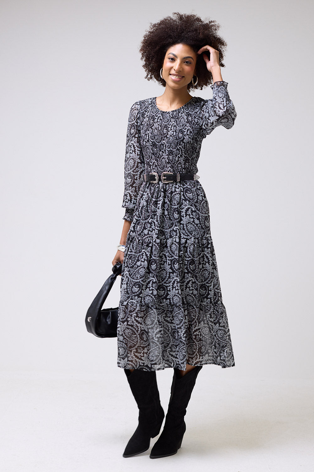 Betty Paisley Printed Shirred Midi Smock Dress in Black and White