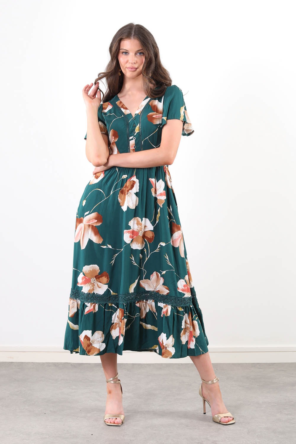 Lucia Floral Lace Trim Midi Dress in Green