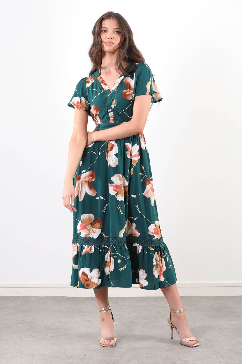 Lucia Floral Lace Trim Midi Dress in Green