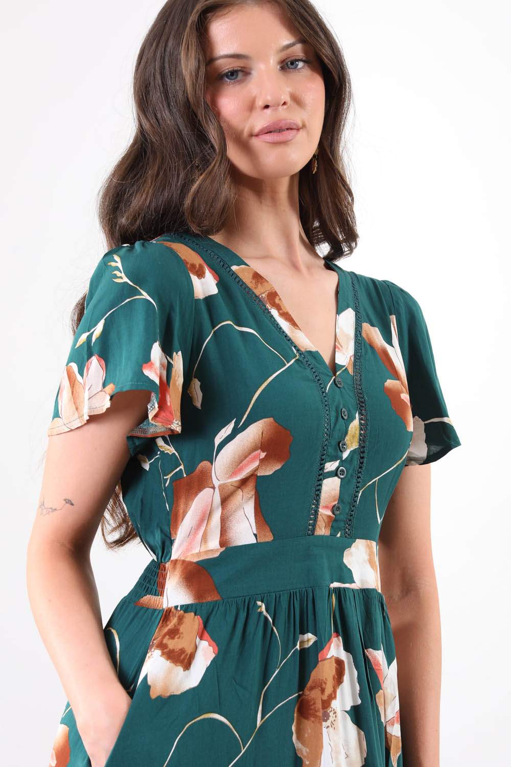 Lucia Floral Lace Trim Midi Dress in Green