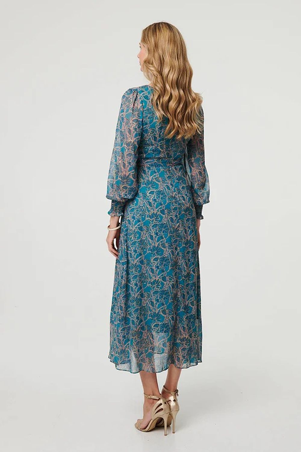 Mila Printed Tie Waist Midi Dress in Teal