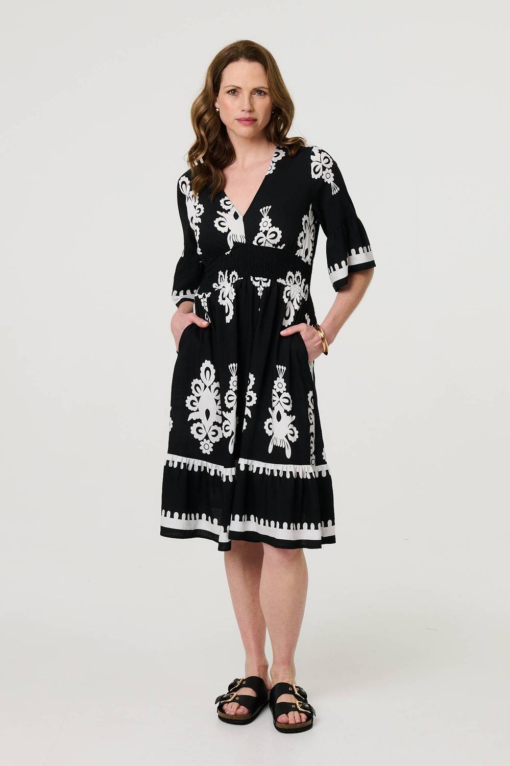 Ikat Print 1/2 Sleeve Relaxed Short Dress in black