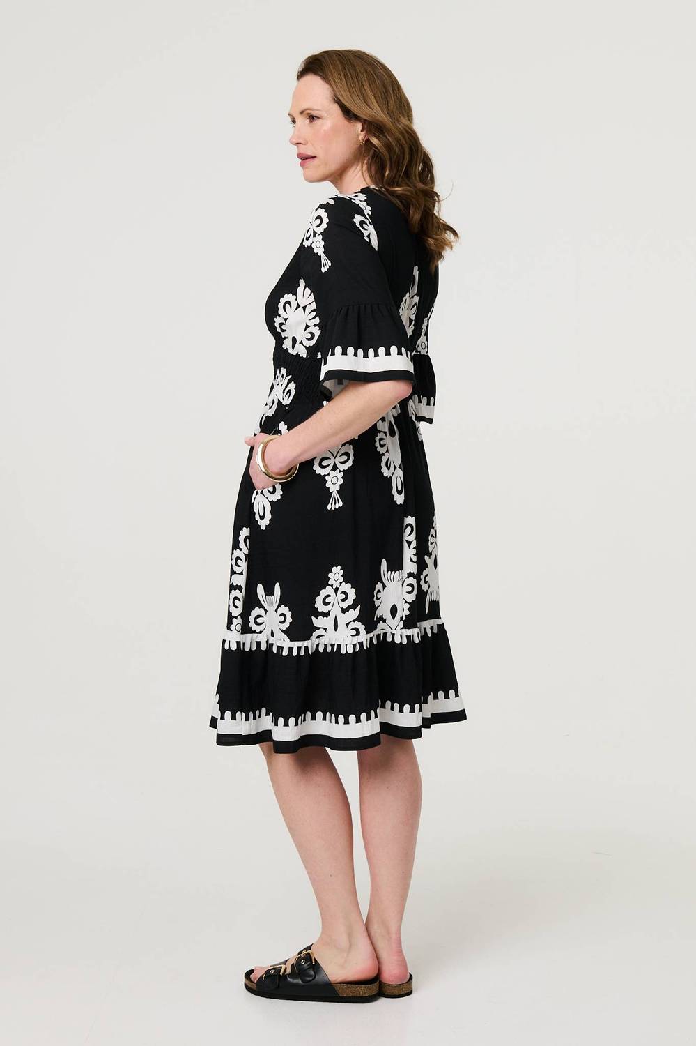 Ikat Print 1/2 Sleeve Relaxed Short Dress in black
