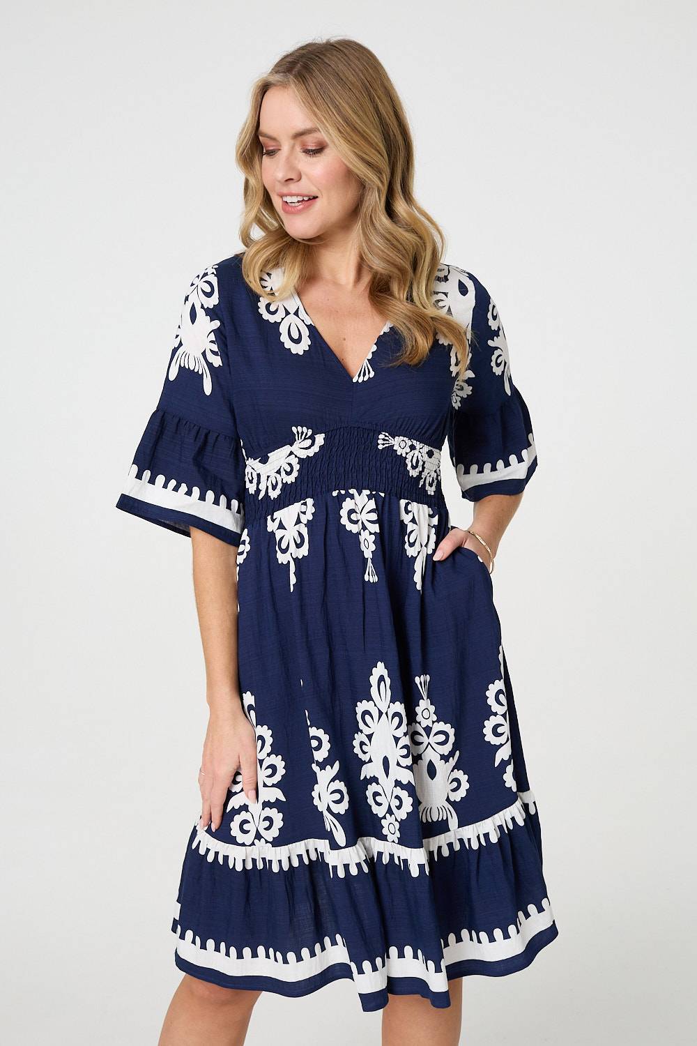 Ikat Print 1/2 Sleeve Relaxed Short Dress in navy
