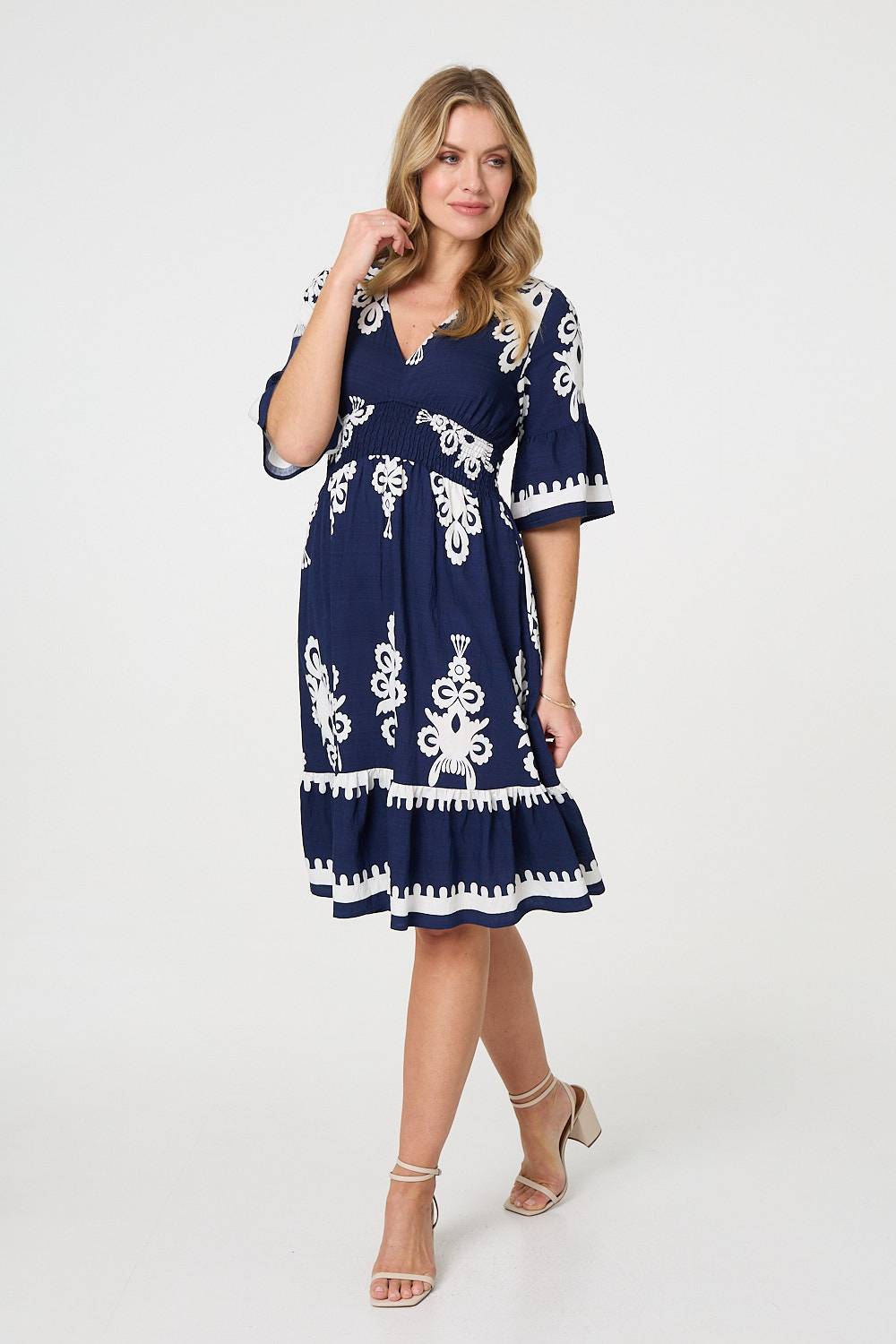 Ikat Print 1/2 Sleeve Relaxed Short Dress in navy