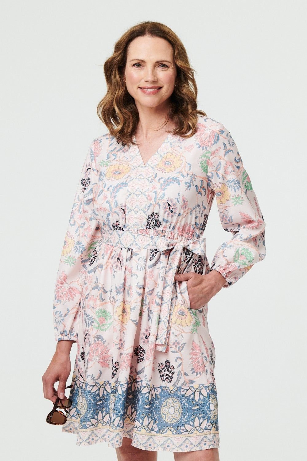 Border Print Short Dress in Pink