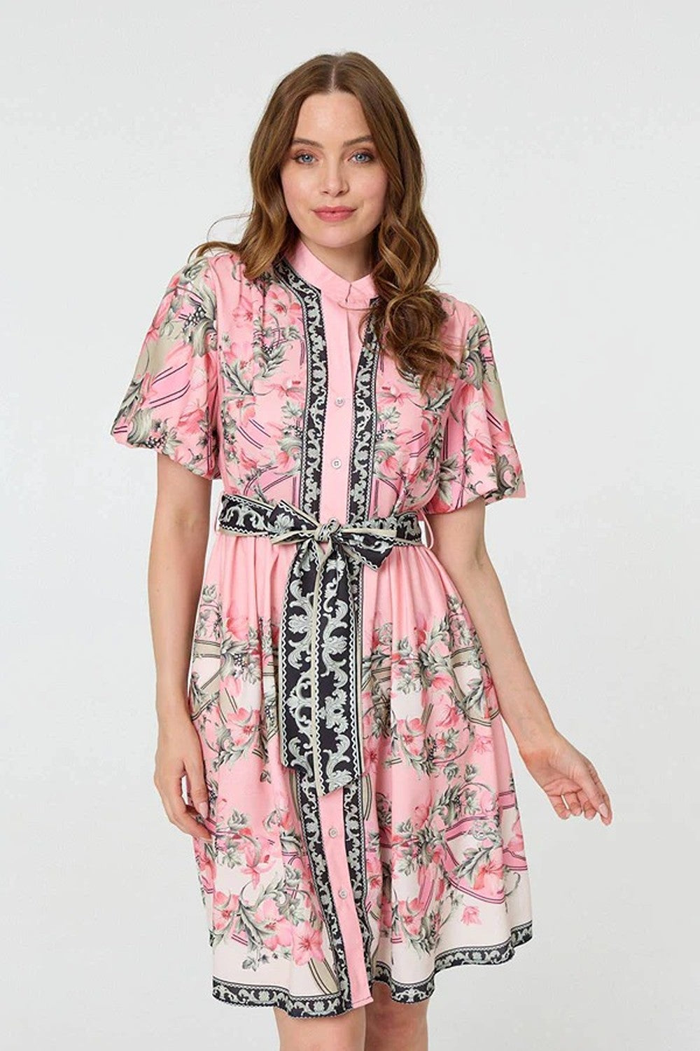 Belle Border Print Short Dress in Pink