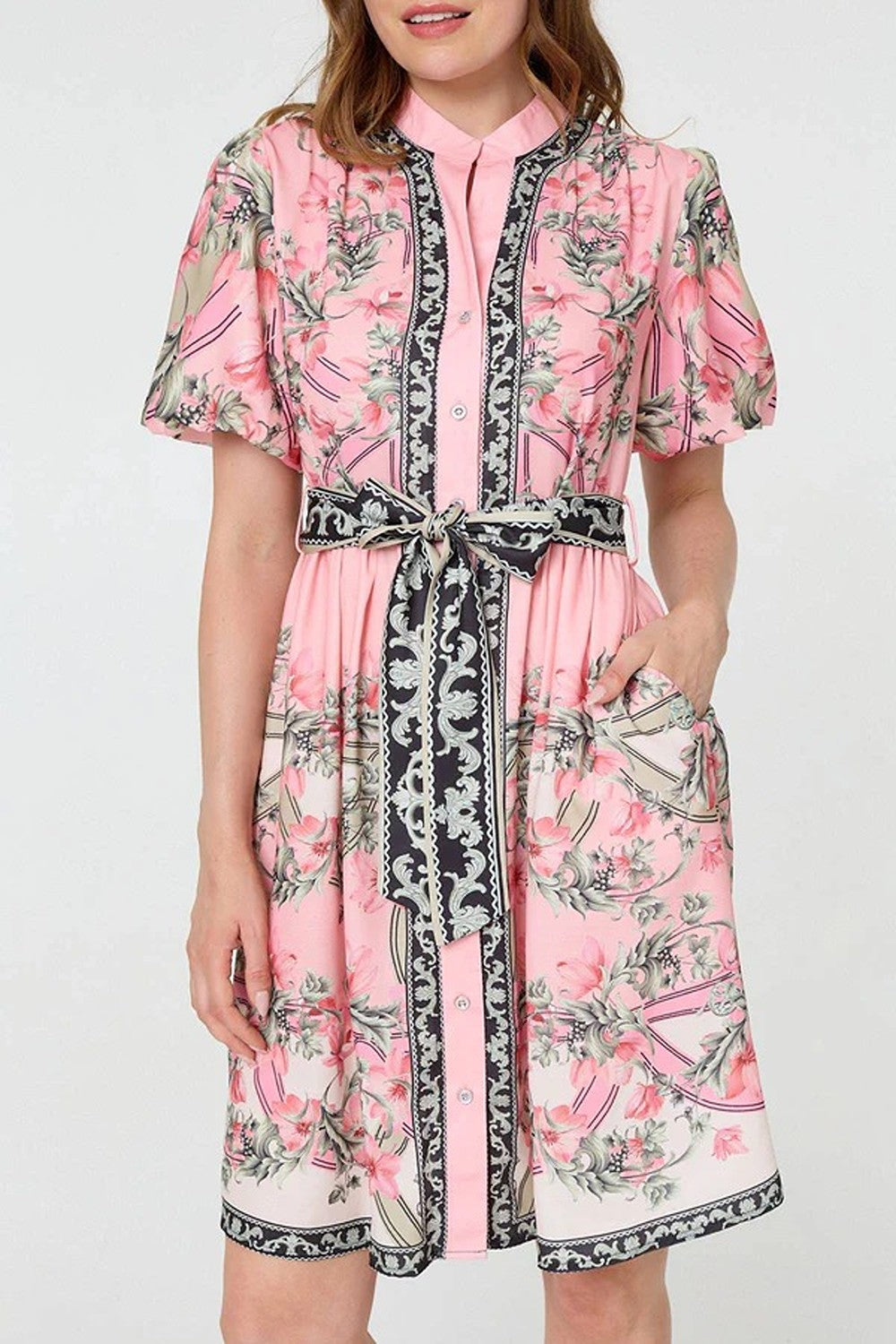 Belle Border Print Short Dress in Pink