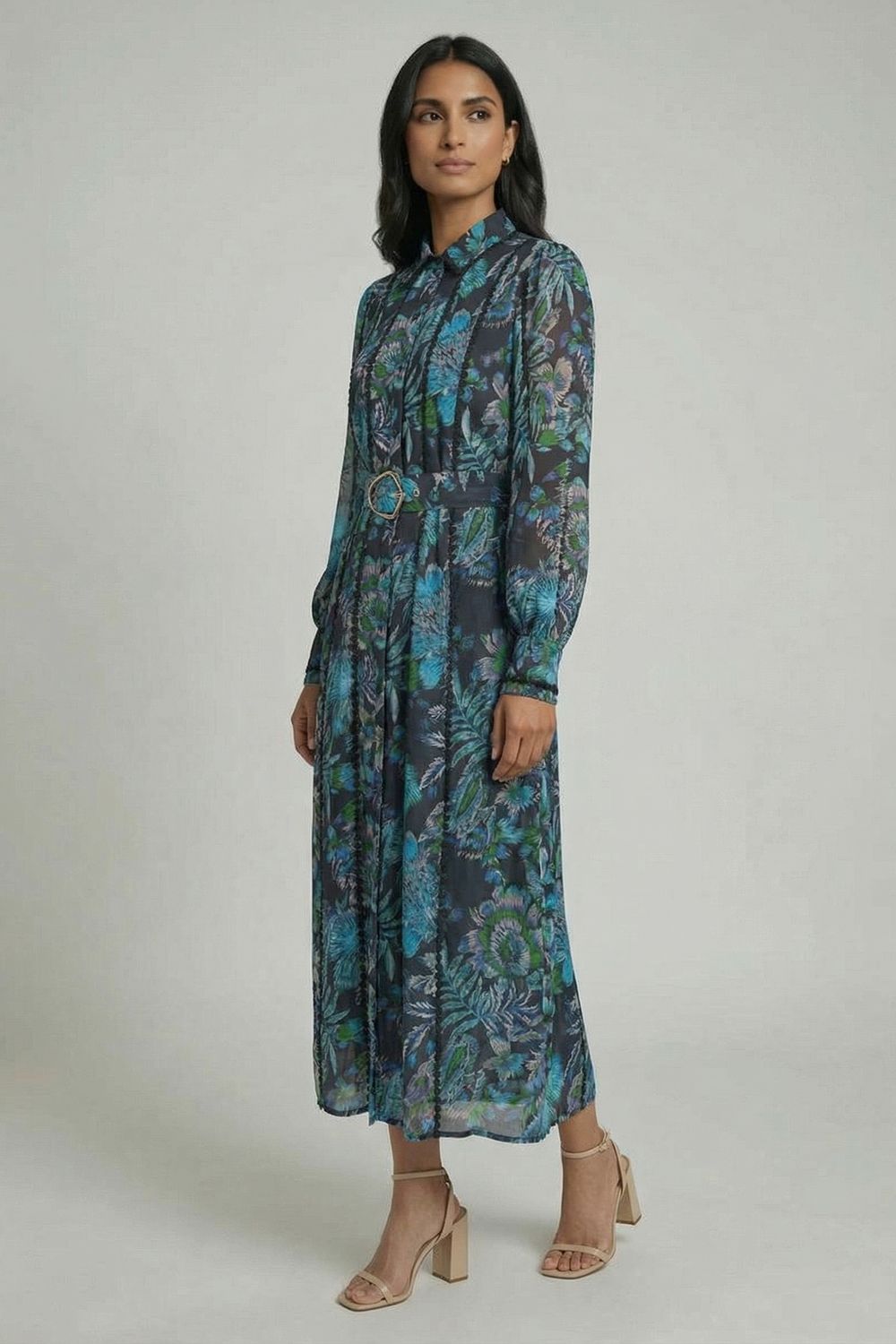 Printed Embellished Belted Maxi Dress in Blue