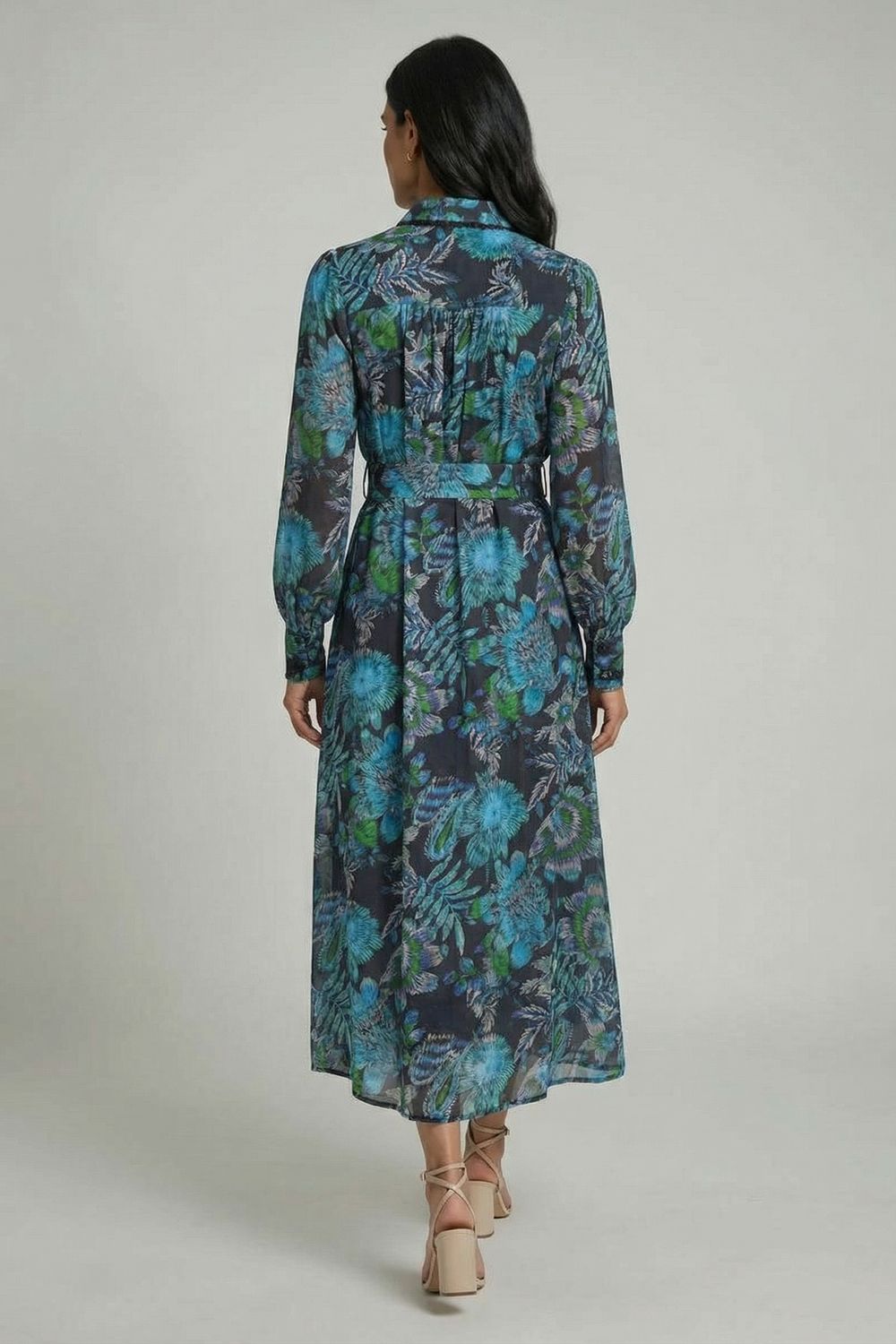 Printed Embellished Belted Maxi Dress in Blue