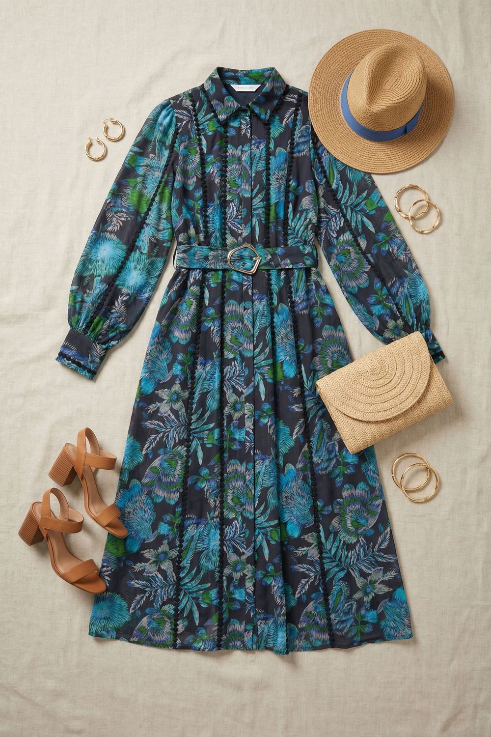 Printed Embellished Belted Maxi Dress in Blue