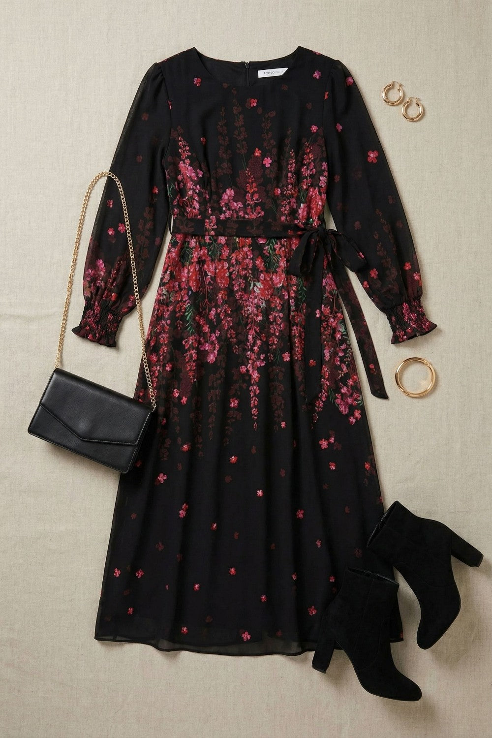Floral Tie Waist Sheer Layer Maxi Dress in Black