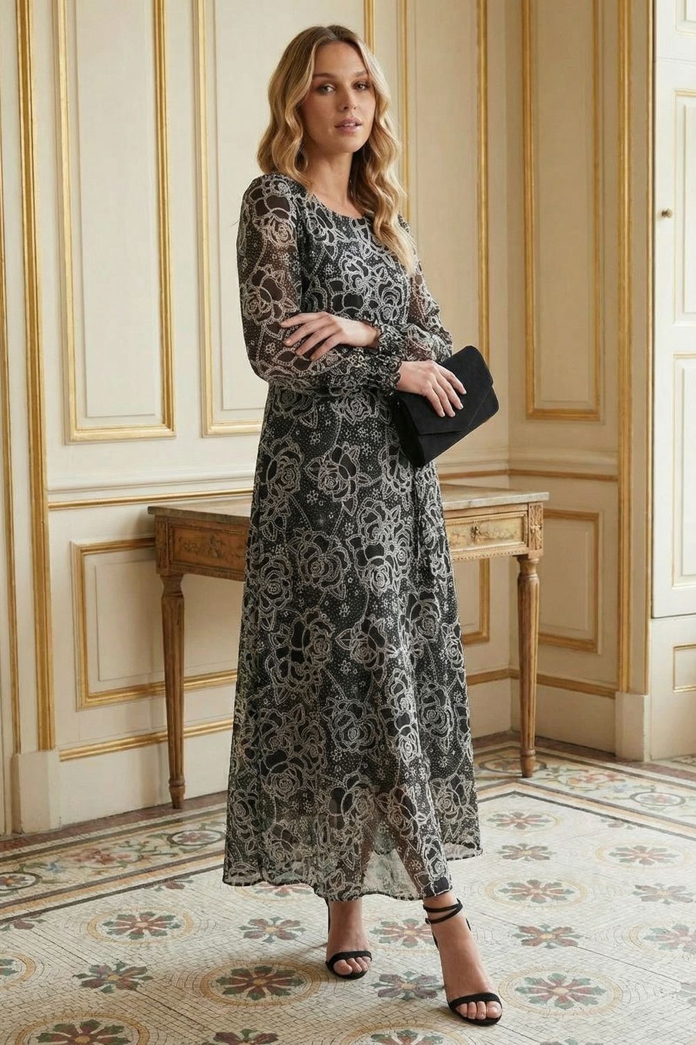 Printed Semi Sheer Layer Maxi Dress in Black