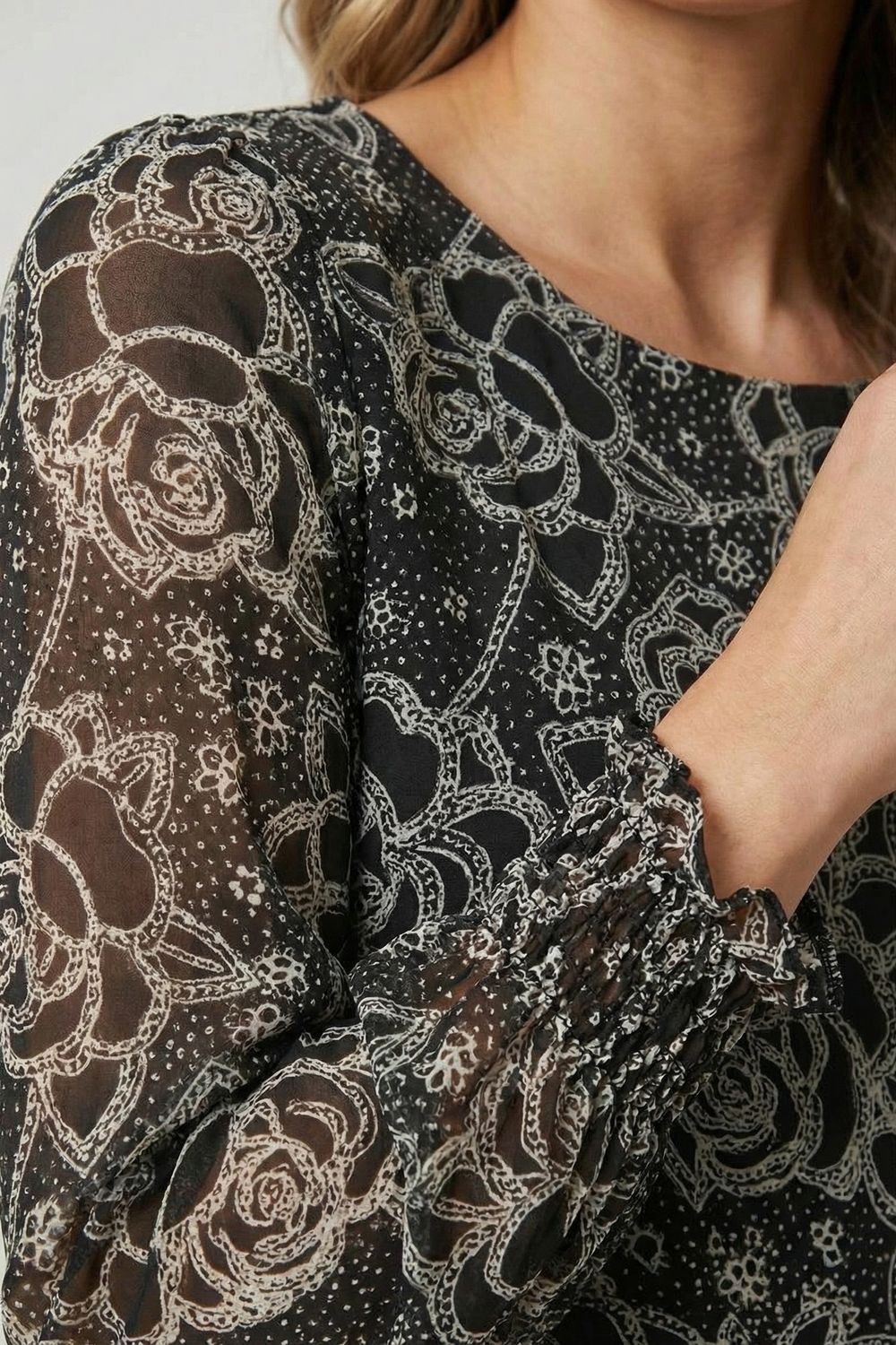 Printed Semi Sheer Layer Maxi Dress in Black