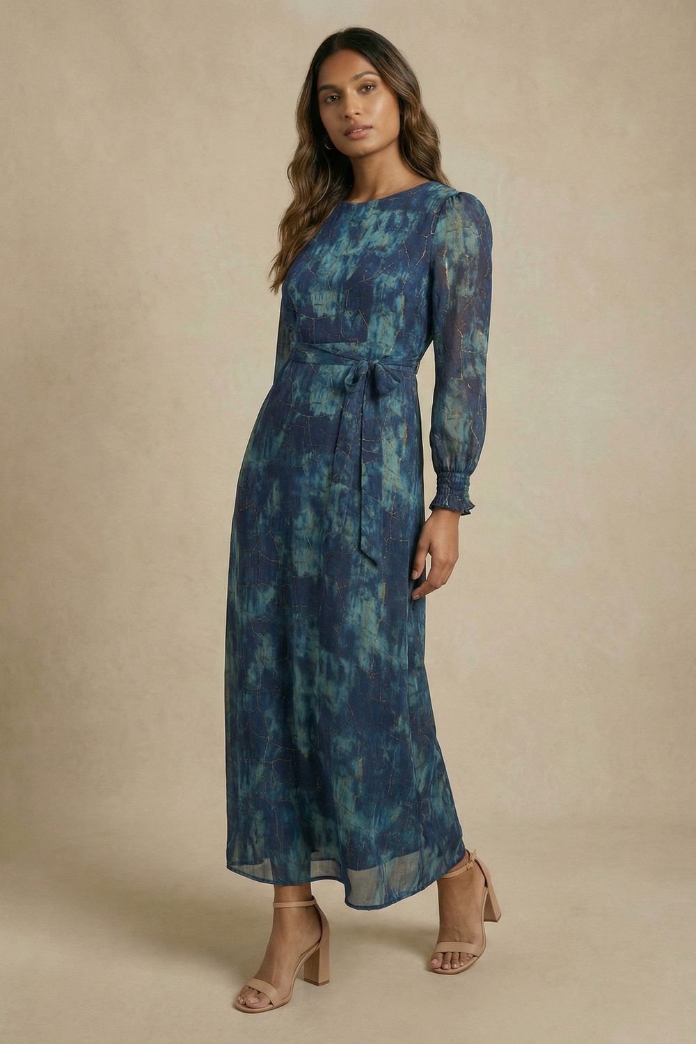 Printed Semi Sheer Tie Waist Maxi Dress in Navy