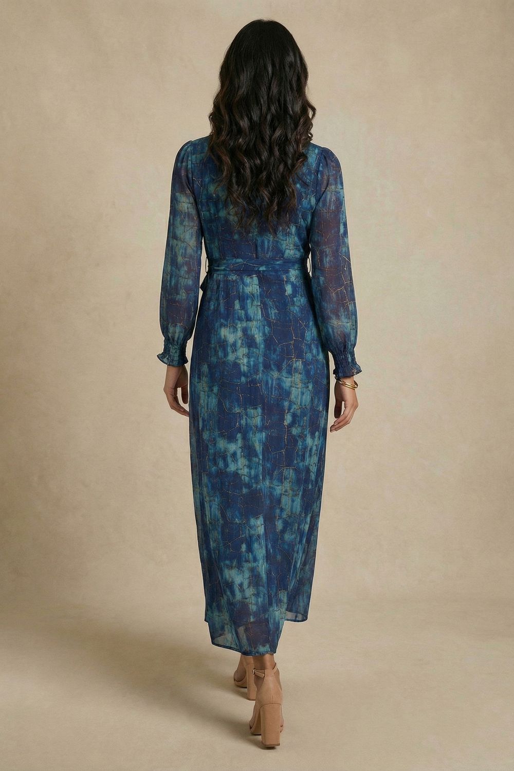 Printed Semi Sheer Tie Waist Maxi Dress in Navy