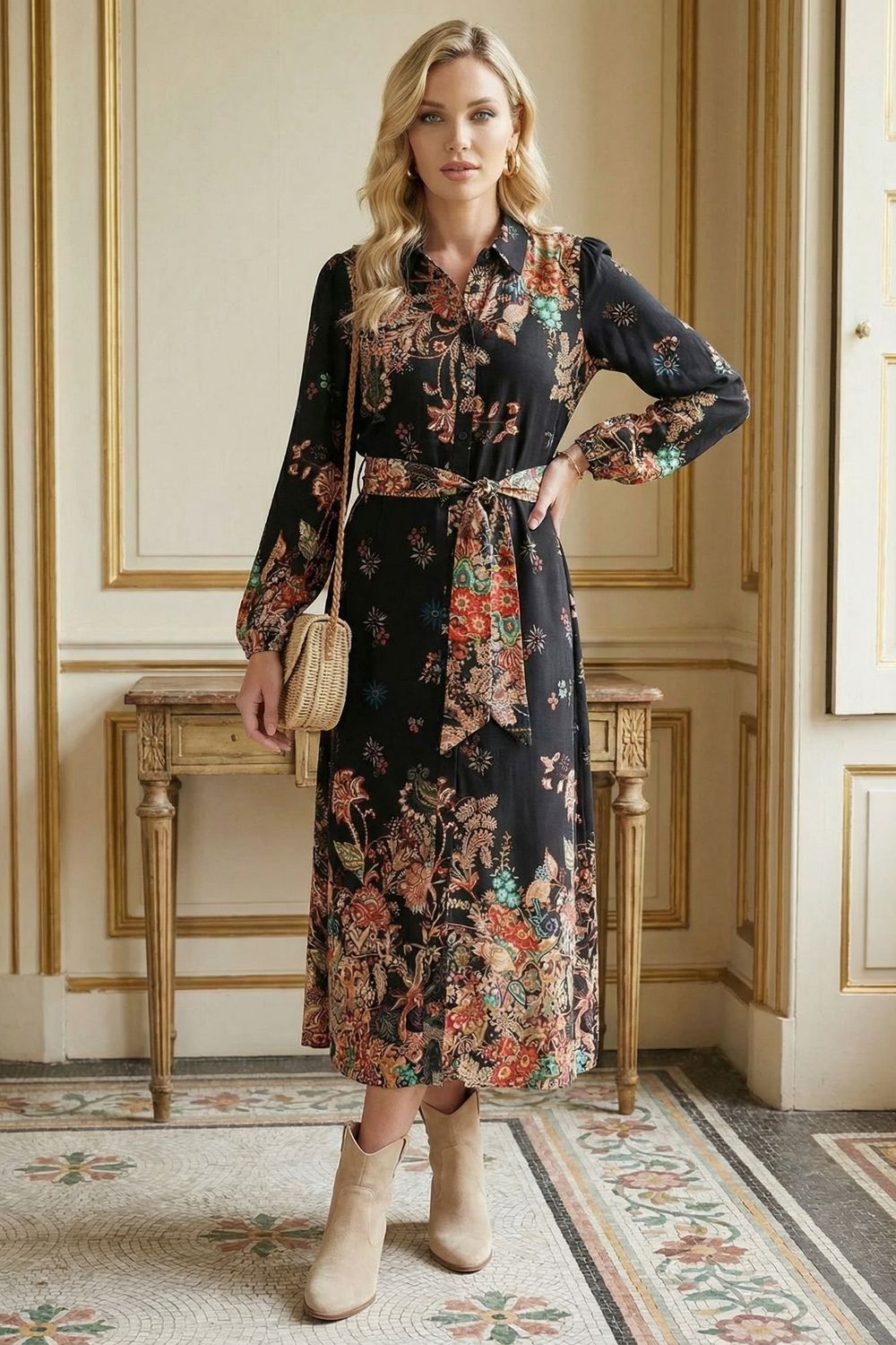 Floral Tie Waist Maxi Shirt Dress in Black