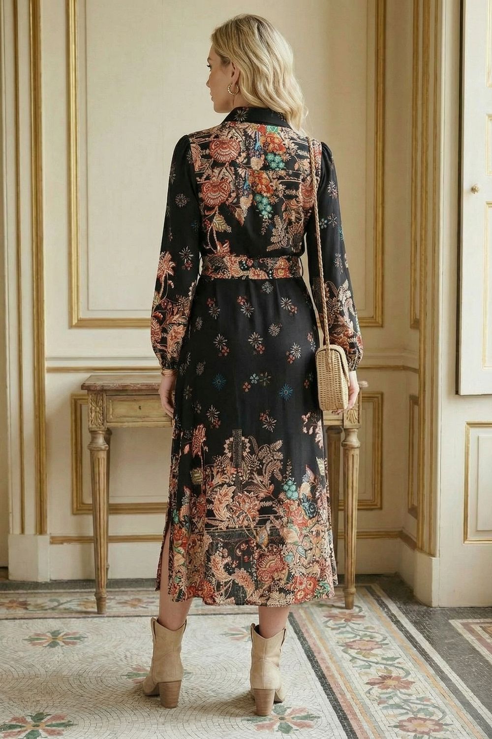 Floral Tie Waist Maxi Shirt Dress in Black