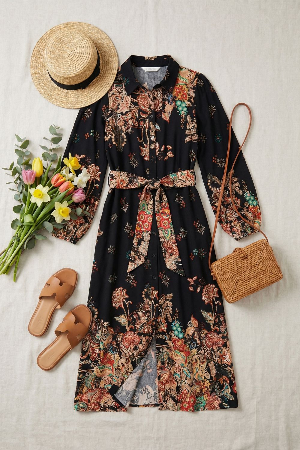 Floral Tie Waist Maxi Shirt Dress in Black