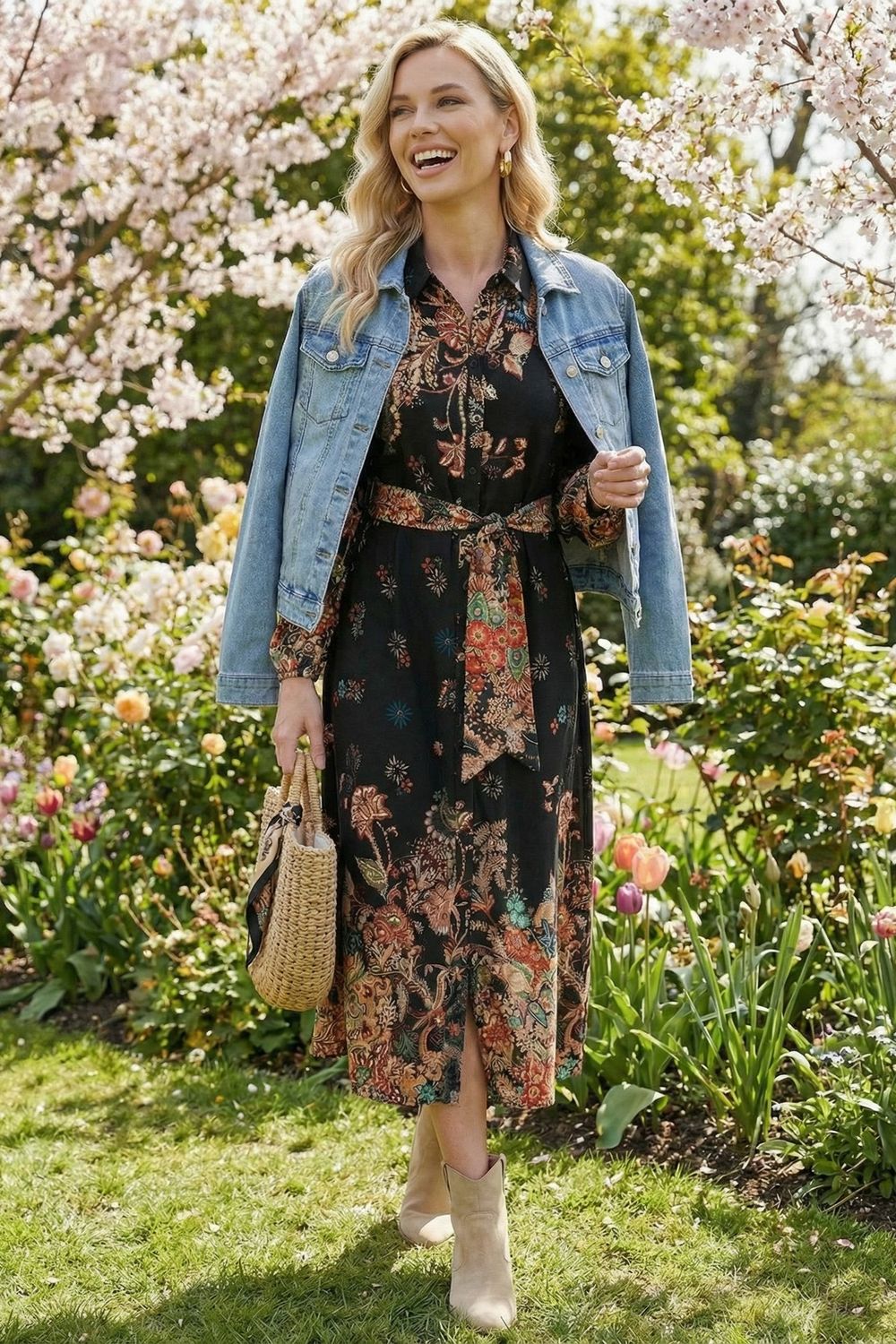 Floral Tie Waist Maxi Shirt Dress in Black