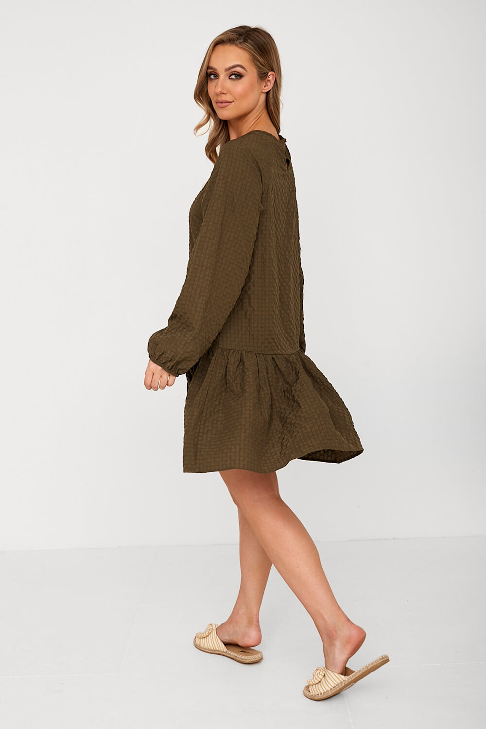 Darala Geometric Print Smock Dress in Khaki