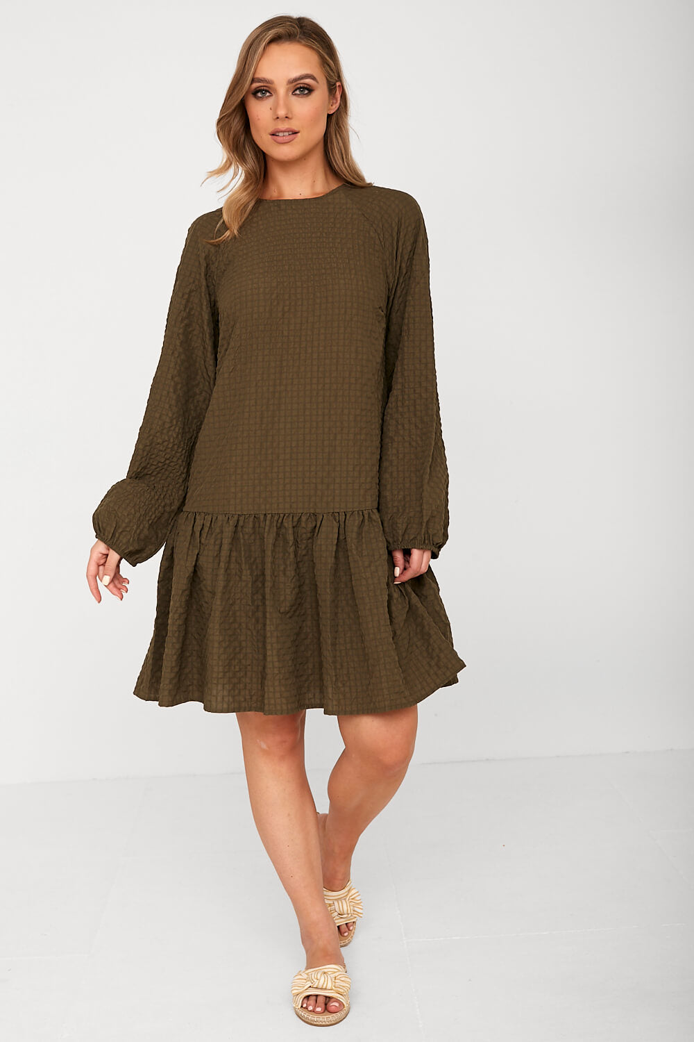 Darala Geometric Print Smock Dress in Khaki